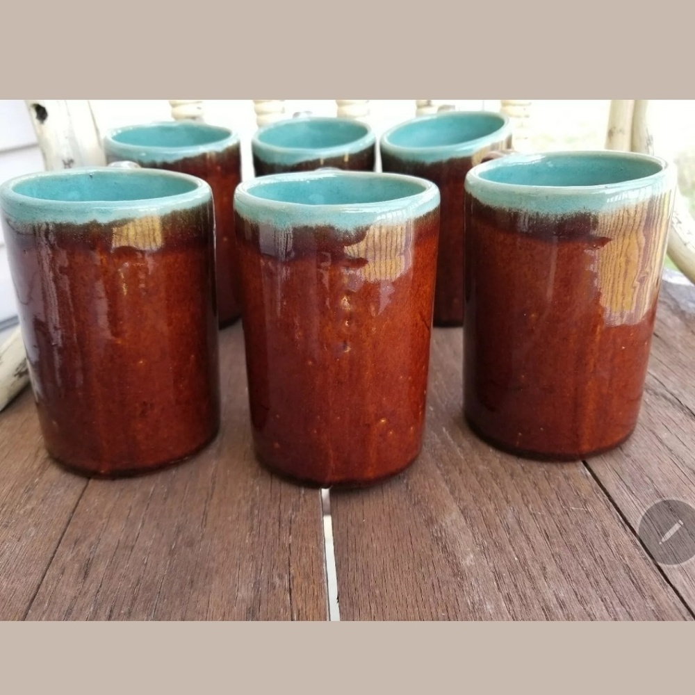 Set of 6 Hand Made Glazed Pottery Mugs